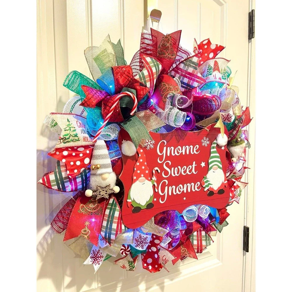 Handmade Christmas Gnome Sweet Gnome Holiday Ribbon Door Wreath 22 ins LED W35
